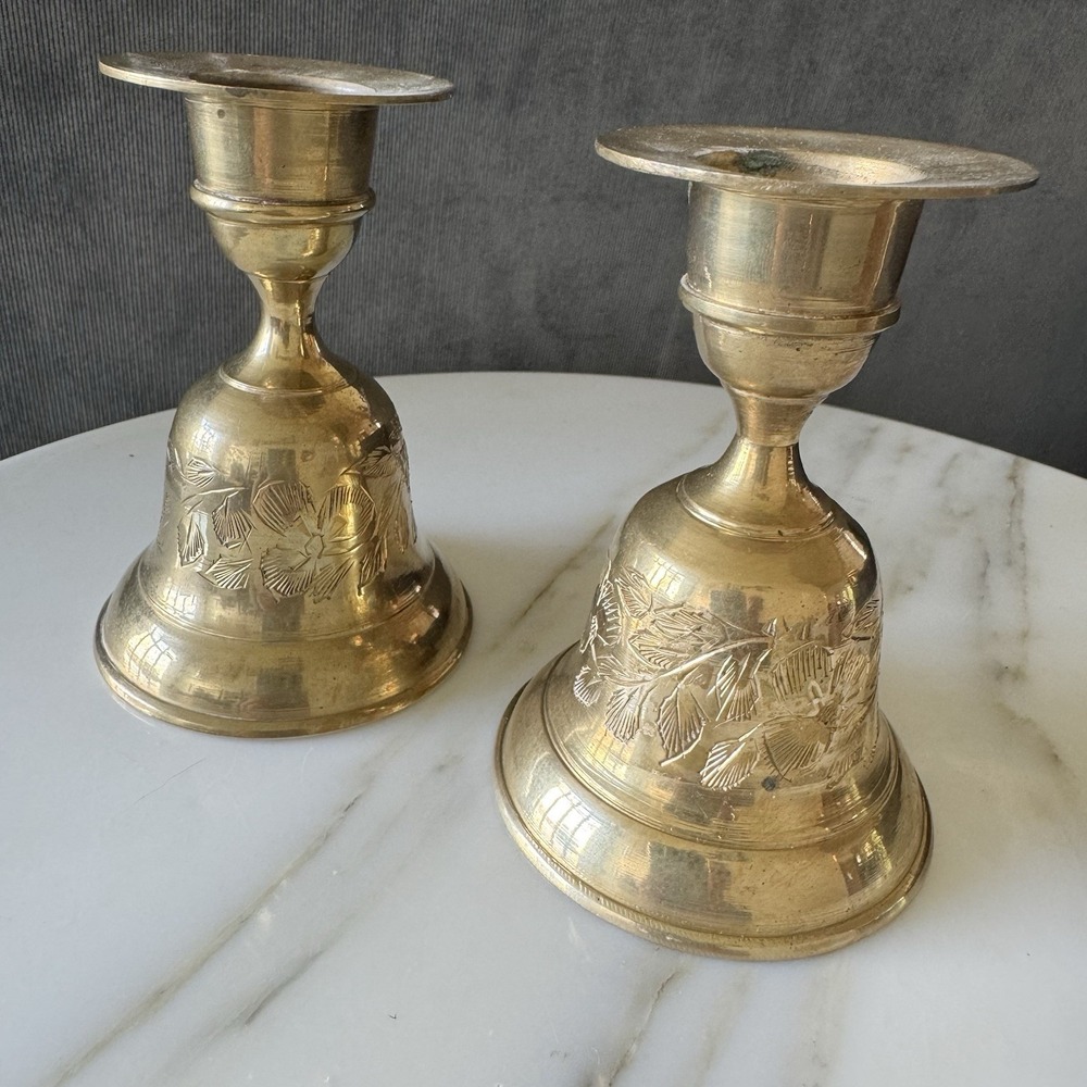 Pair of VTG Brass Bells of Sarna Candlesticks Candle Holders Etched India 2